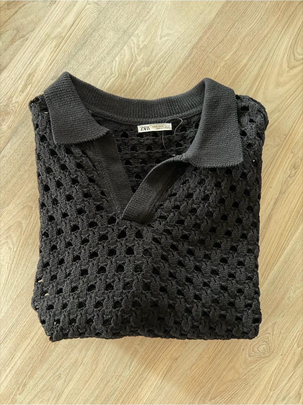 Zara Black Crochet V-Neck Polo Sweater